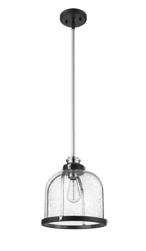Z-Lite Burren 12" 1-Light Matte Black and Chrome Pendant Light With Clear Seedy Glass Shade
