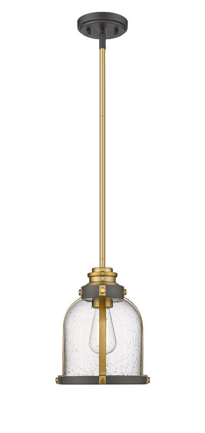 Z-Lite Burren 9" 1-Light Bronze and Brass Mini Pendant Light With Clear Seedy Glass Shade
