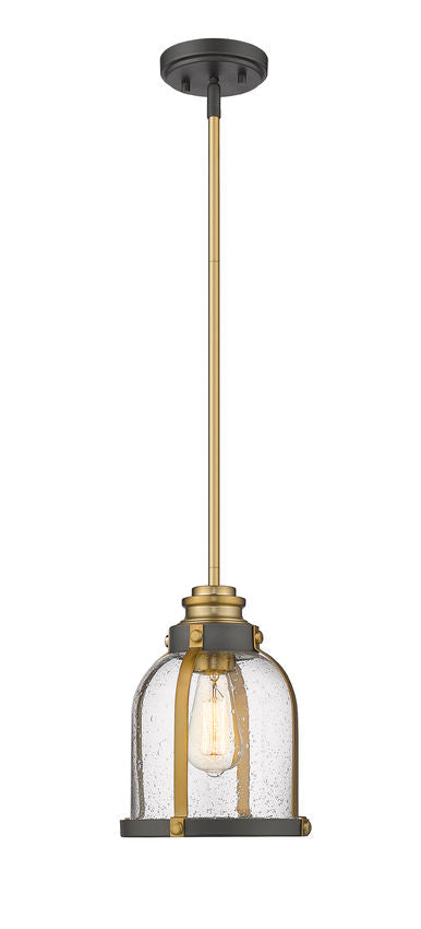 Z-Lite Burren 9" 1-Light Bronze and Brass Mini Pendant Light With Clear Seedy Glass Shade