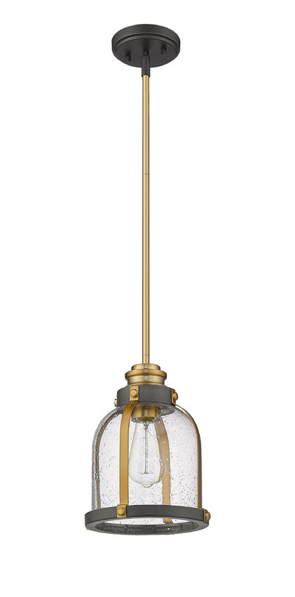 Z-Lite Burren 9" 1-Light Bronze and Brass Mini Pendant Light With Clear Seedy Glass Shade
