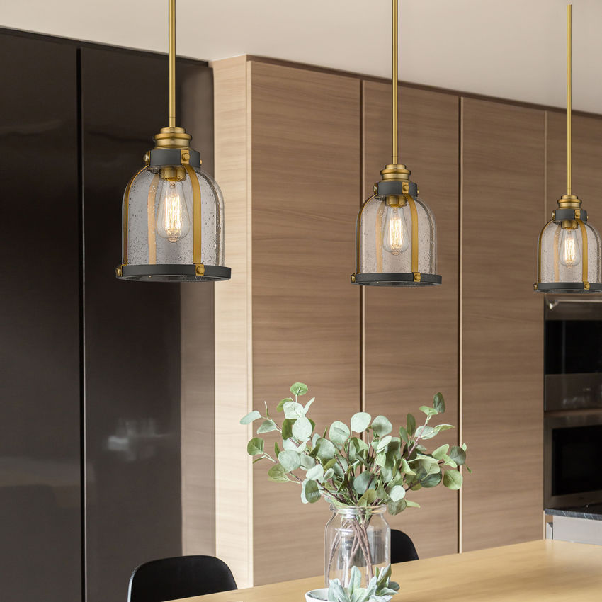 Z-Lite Burren 9" 1-Light Bronze and Brass Mini Pendant Light With Clear Seedy Glass Shade