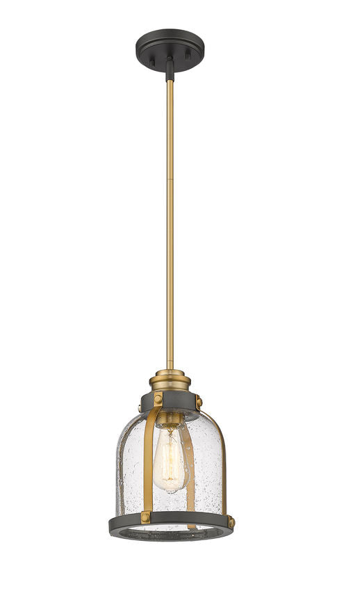 Z-Lite Burren 9" 1-Light Bronze and Brass Mini Pendant Light With Clear Seedy Glass Shade