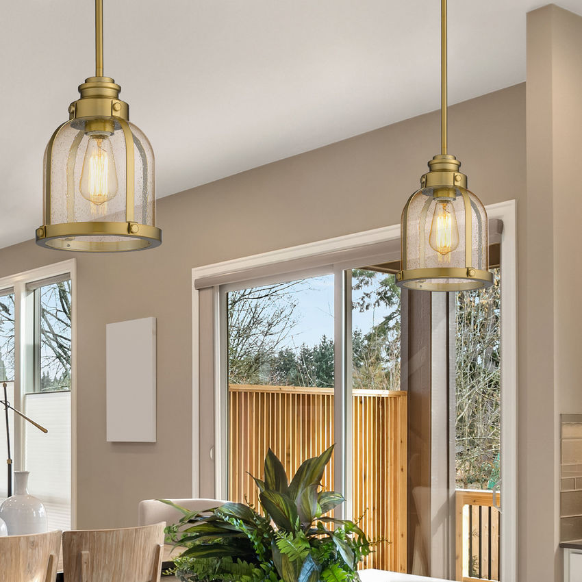 Z-Lite Burren 9" 1-Light Heritage Brass Mini Pendant Light With Clear Seedy Glass Shade