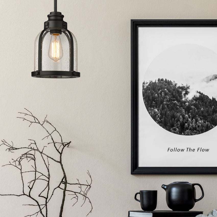 Z-Lite Burren 9" 1-Light Matte Black Mini Pendant Light With Clear Seedy Glass Shade