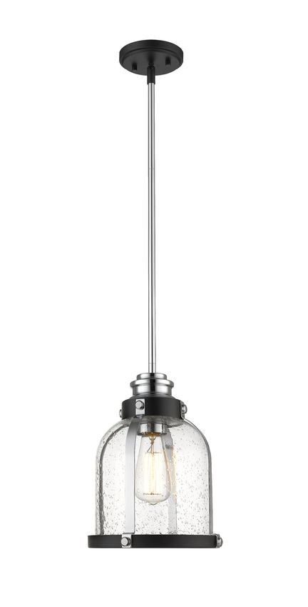 Z-Lite Burren 9" 1-Light Matte Black and Chrome Mini Pendant Light With Clear Seedy Glass Shade