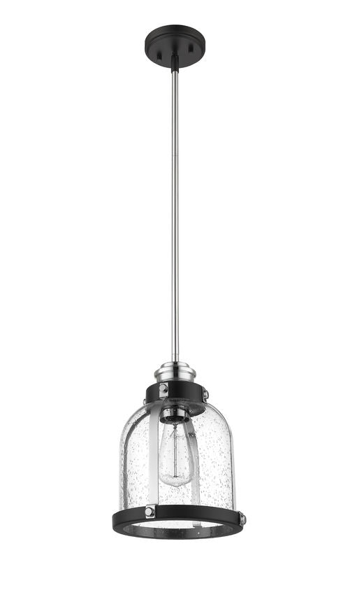 Z-Lite Burren 9" 1-Light Matte Black and Chrome Mini Pendant Light With Clear Seedy Glass Shade