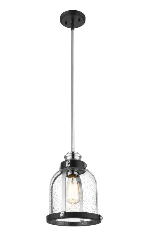 Z-Lite Burren 9" 1-Light Matte Black and Chrome Mini Pendant Light With Clear Seedy Glass Shade