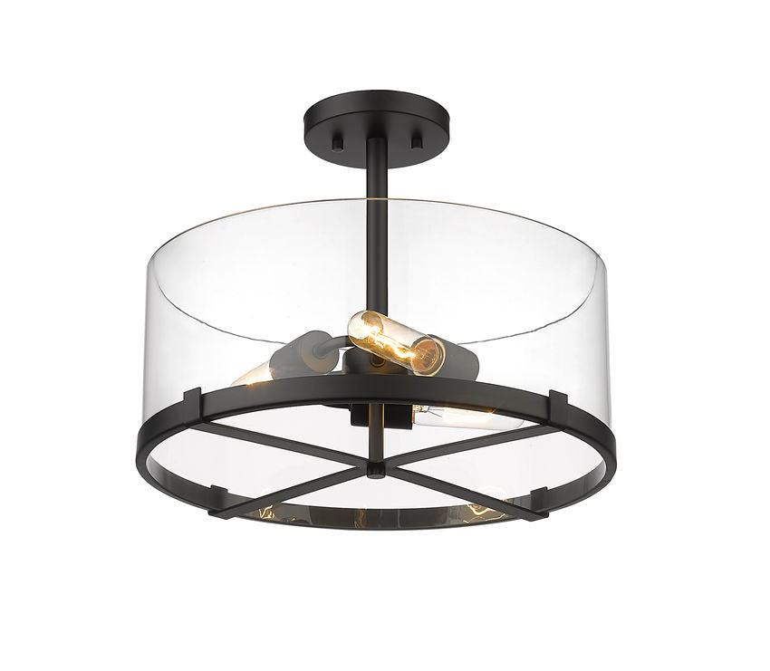 Z-Lite Callista 17" 3-Light Matte Black Semi Flush Mount With Clear Glass Shade