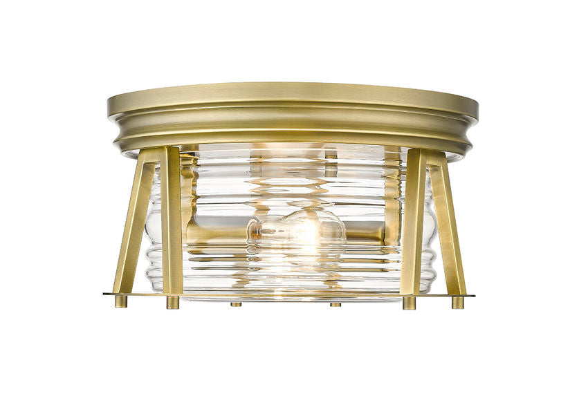 Z-Lite Cape Harbor 12" 2-Light Rubbed Brass Flush Mount Lighting With Clear Glass Shade