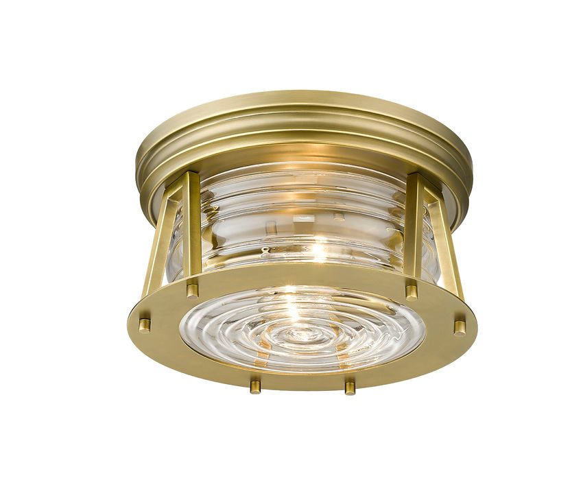 Z-Lite Cape Harbor 12" 2-Light Rubbed Brass Flush Mount Lighting With Clear Glass Shade