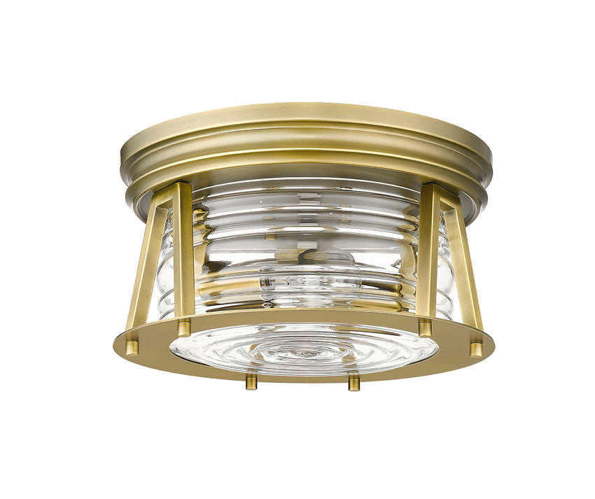 Z-Lite Cape Harbor 12" 2-Light Rubbed Brass Flush Mount Lighting With Clear Glass Shade