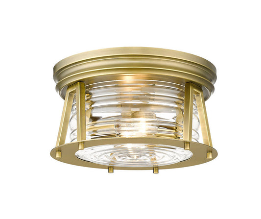 Z-Lite Cape Harbor 12" 2-Light Rubbed Brass Flush Mount Lighting With Clear Glass Shade