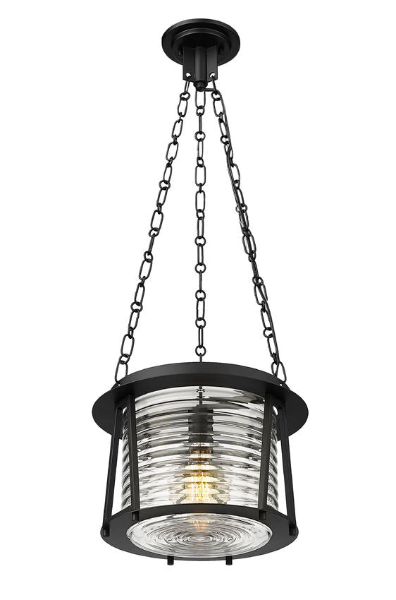 Z-Lite Cape Harbor 13" 1-Light Matte Black Steel and Water Hammered Glass Shade Pendant Light
