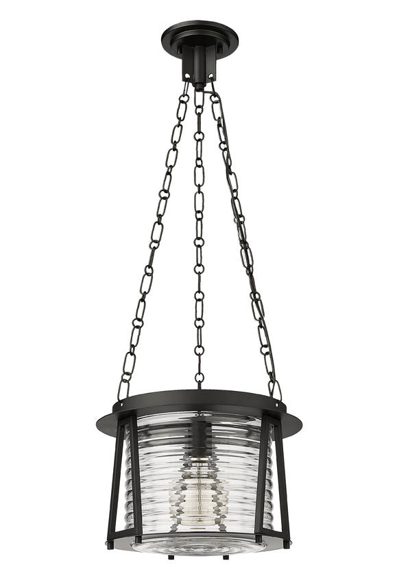 Z-Lite Cape Harbor 13" 1-Light Matte Black Steel and Water Hammered Glass Shade Pendant Light