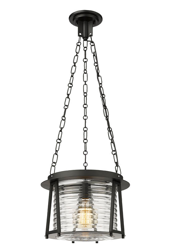 Z-Lite Cape Harbor 13" 1-Light Matte Black Steel and Water Hammered Glass Shade Pendant Light