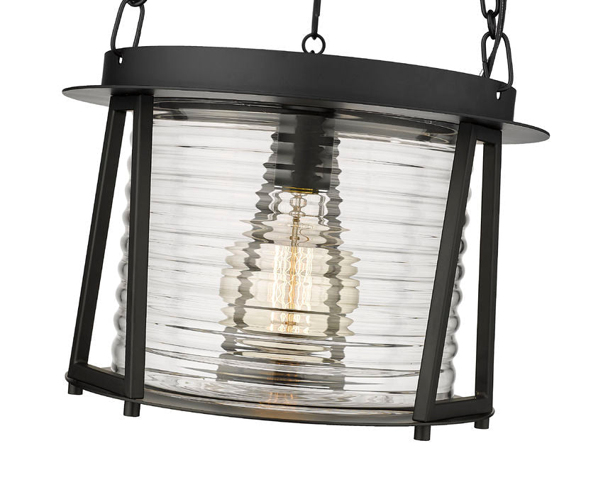 Z-Lite Cape Harbor 13" 1-Light Matte Black Steel and Water Hammered Glass Shade Pendant Light