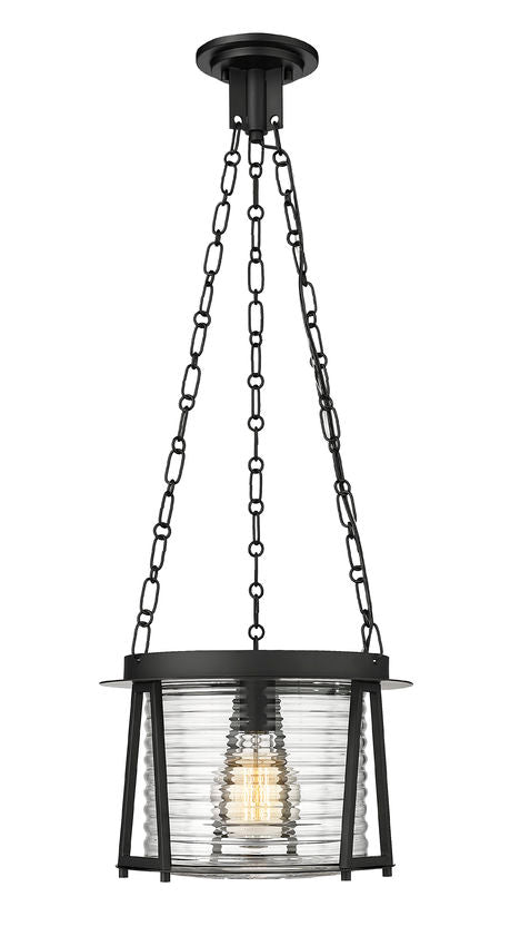 Z-Lite Cape Harbor 13" 1-Light Matte Black Steel and Water Hammered Glass Shade Pendant Light