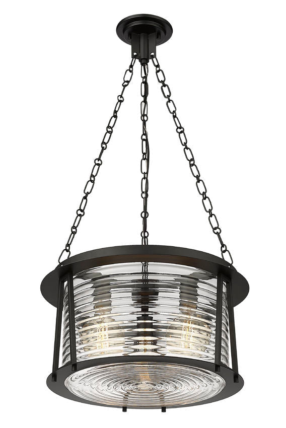 Z-Lite Cape Harbor 18" 3-Light Matte Black Steel and Water Hammered Glass Shade Pendant Light