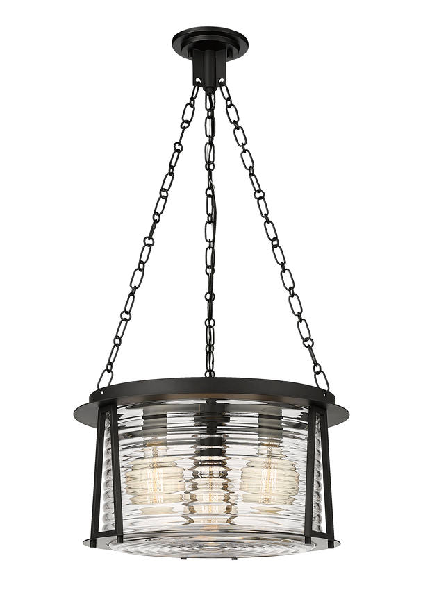 Z-Lite Cape Harbor 18" 3-Light Matte Black Steel and Water Hammered Glass Shade Pendant Light