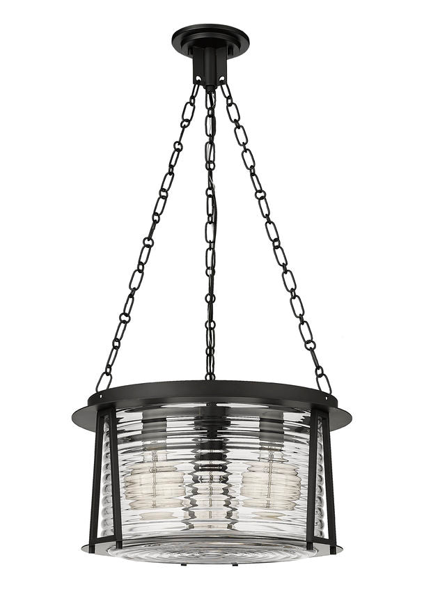 Z-Lite Cape Harbor 18" 3-Light Matte Black Steel and Water Hammered Glass Shade Pendant Light
