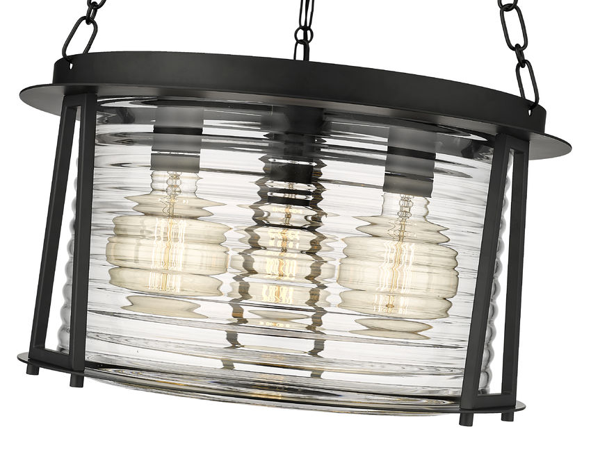 Z-Lite Cape Harbor 18" 3-Light Matte Black Steel and Water Hammered Glass Shade Pendant Light