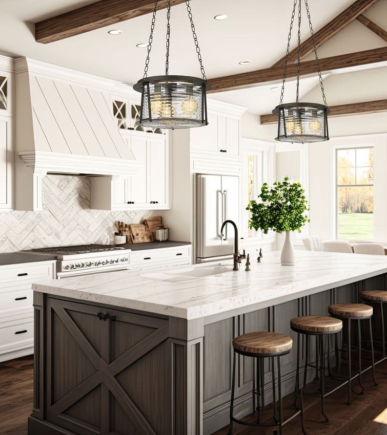 Z-Lite Cape Harbor 18" 3-Light Matte Black Steel and Water Hammered Glass Shade Pendant Light