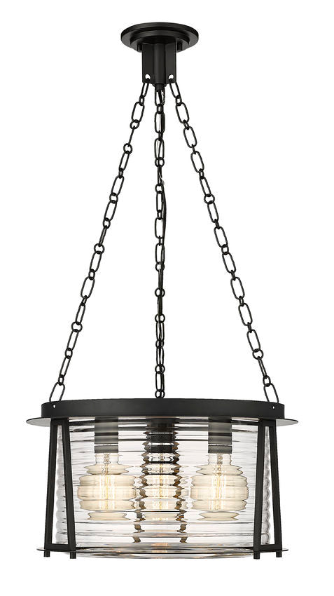 Z-Lite Cape Harbor 18" 3-Light Matte Black Steel and Water Hammered Glass Shade Pendant Light
