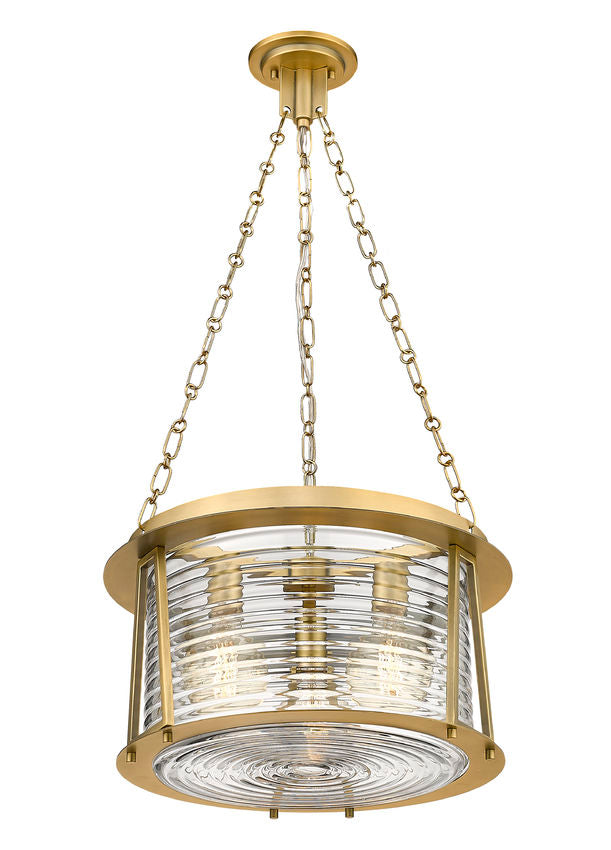 Z-Lite Cape Harbor 18" 3-Light Rubbed Brass Steel and Water Hammered Glass Shade Pendant Light
