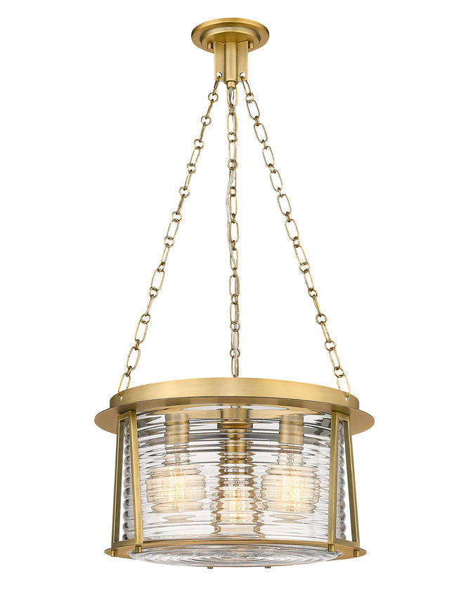 Z-Lite Cape Harbor 18" 3-Light Rubbed Brass Steel and Water Hammered Glass Shade Pendant Light