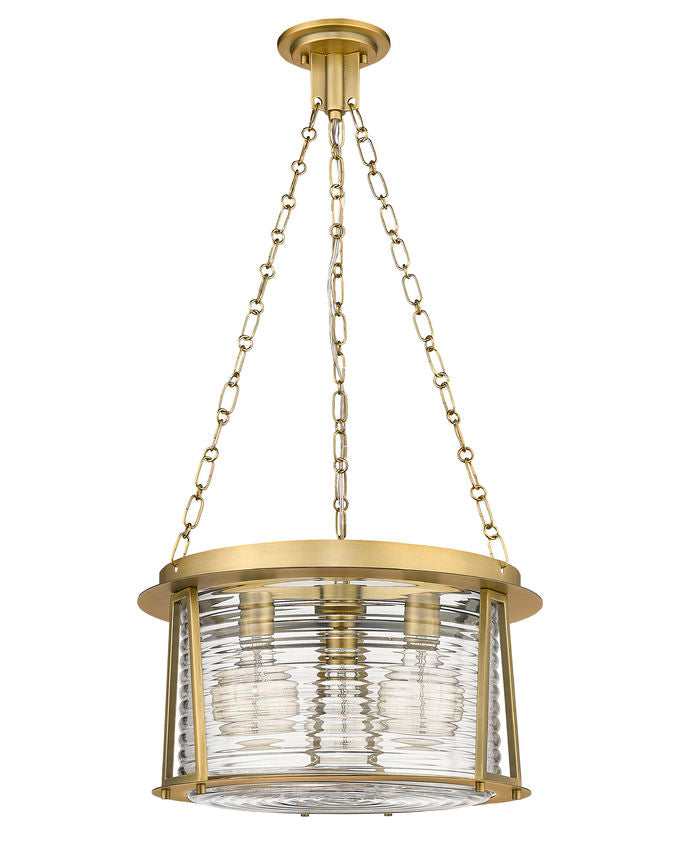 Z-Lite Cape Harbor 18" 3-Light Rubbed Brass Steel and Water Hammered Glass Shade Pendant Light