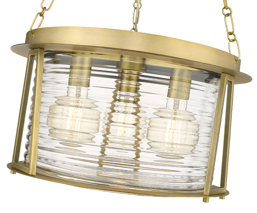Z-Lite Cape Harbor 18" 3-Light Rubbed Brass Steel and Water Hammered Glass Shade Pendant Light