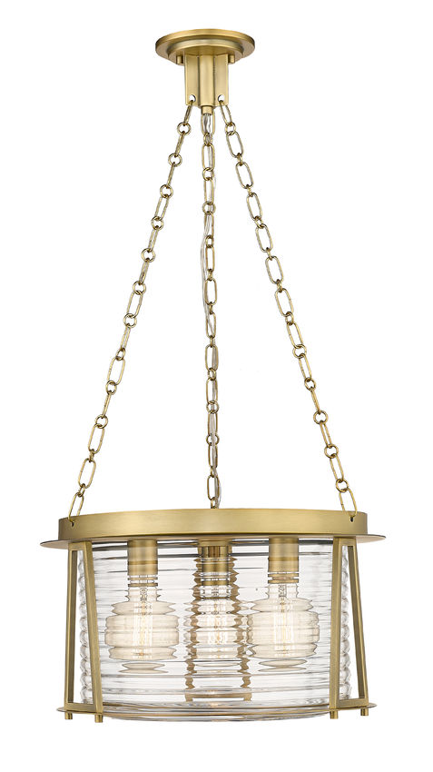 Z-Lite Cape Harbor 18" 3-Light Rubbed Brass Steel and Water Hammered Glass Shade Pendant Light