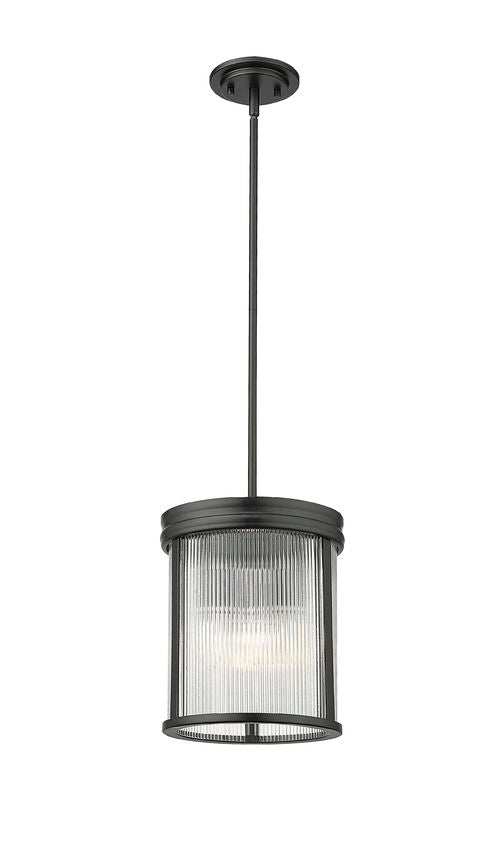 Z-Lite Carnaby 10" 3-Light Matte Black Steel and Clear Ribbed Glass Shade Pendant Light