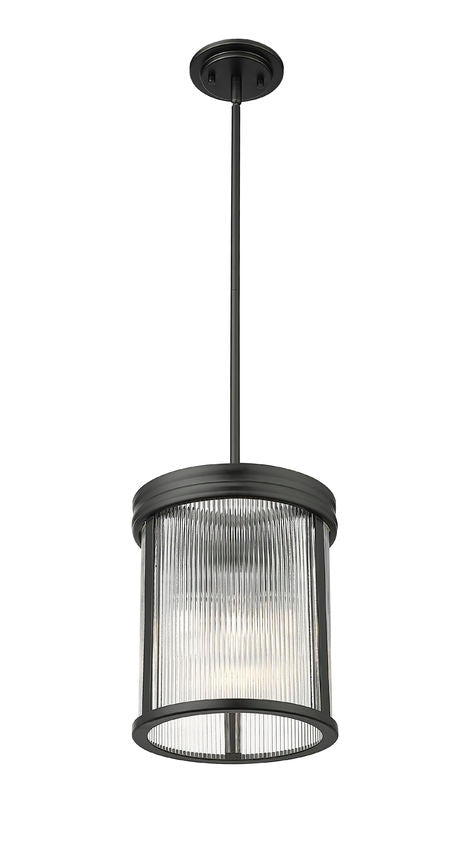 Z-Lite Carnaby 10" 3-Light Matte Black Steel and Clear Ribbed Glass Shade Pendant Light