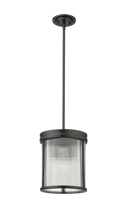 Z-Lite Carnaby 10" 3-Light Matte Black Steel and Clear Ribbed Glass Shade Pendant Light