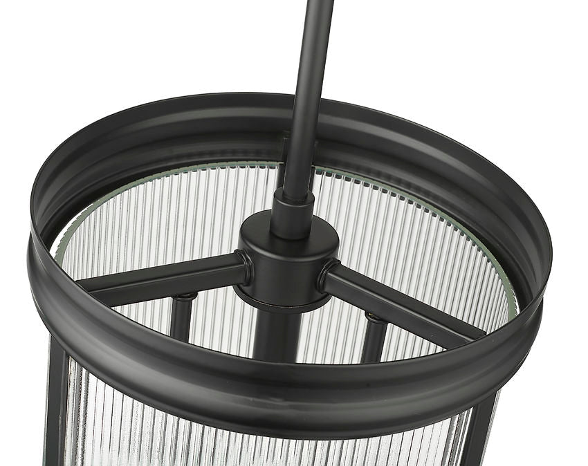 Z-Lite Carnaby 10" 3-Light Matte Black Steel and Clear Ribbed Glass Shade Pendant Light