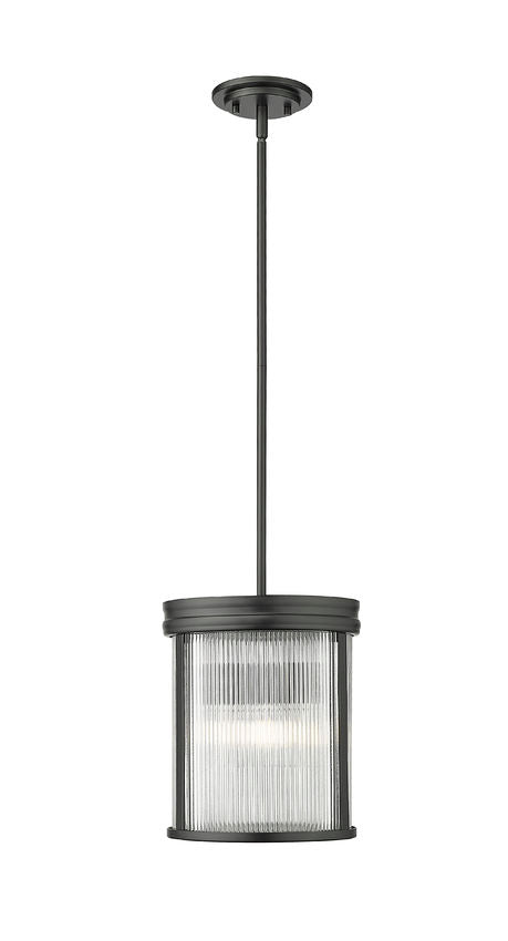 Z-Lite Carnaby 10" 3-Light Matte Black Steel and Clear Ribbed Glass Shade Pendant Light
