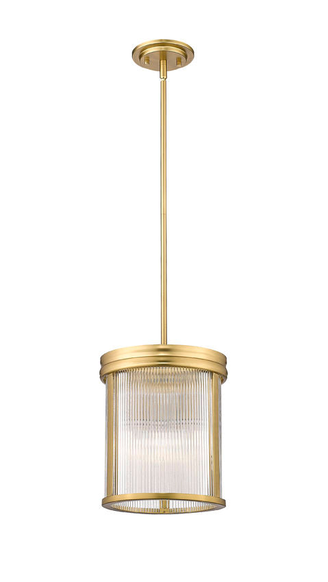 Z-Lite Carnaby 10" 3-Light Modern Gold Steel and Clear Ribbed Glass Shade Pendant Light
