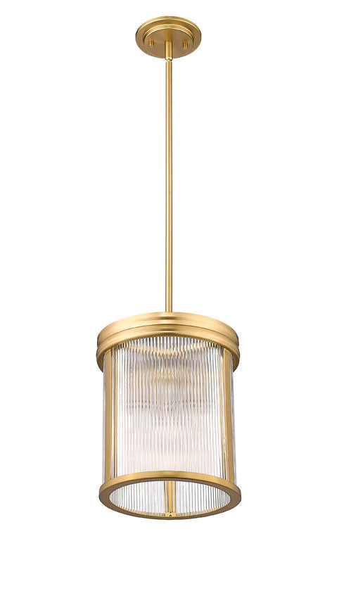 Z-Lite Carnaby 10" 3-Light Modern Gold Steel and Clear Ribbed Glass Shade Pendant Light