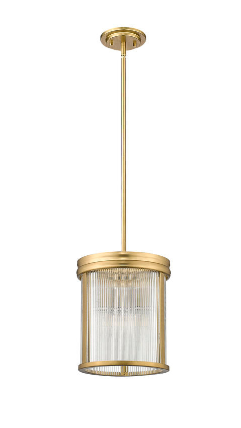 Z-Lite Carnaby 10" 3-Light Modern Gold Steel and Clear Ribbed Glass Shade Pendant Light