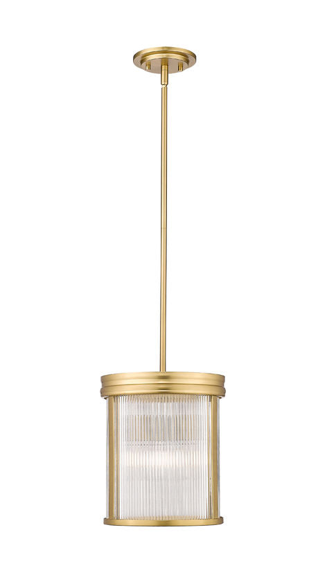 Z-Lite Carnaby 10" 3-Light Modern Gold Steel and Clear Ribbed Glass Shade Pendant Light