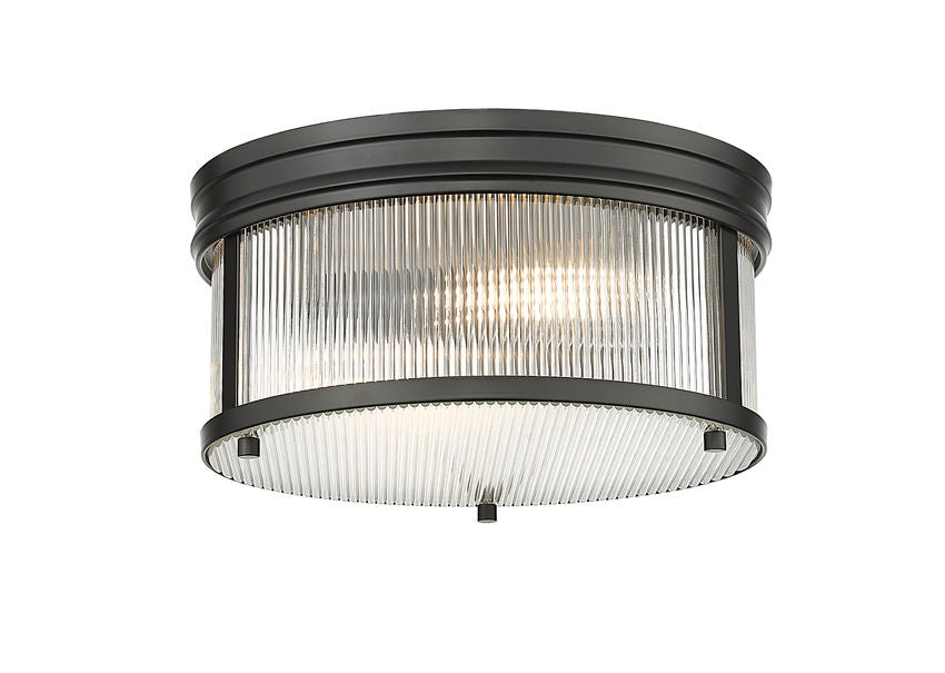 Z-Lite Carnaby 13" 2-Light Matte Black Steel and Clear Ribbed Glass Shade Flush Mount Lighting