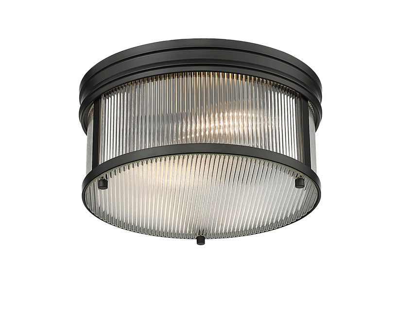 Z-Lite Carnaby 13" 2-Light Matte Black Steel and Clear Ribbed Glass Shade Flush Mount Lighting