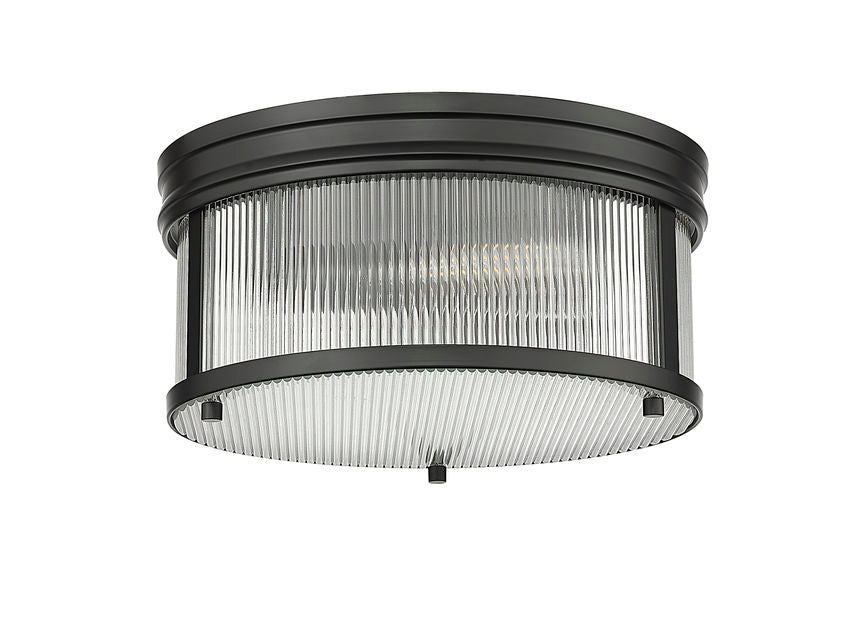 Z-Lite Carnaby 13" 2-Light Matte Black Steel and Clear Ribbed Glass Shade Flush Mount Lighting