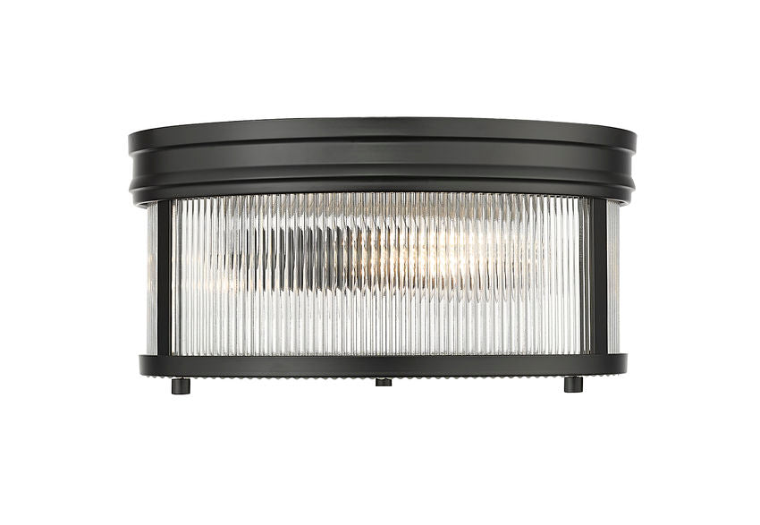 Z-Lite Carnaby 13" 2-Light Matte Black Steel and Clear Ribbed Glass Shade Flush Mount Lighting