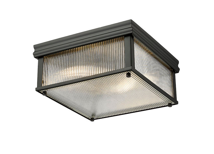 Z-Lite Carnaby 13" 2-Light Matte Black Steel and Clear Ribbed Glass Shade Squared Shape Flush Mount Lighting