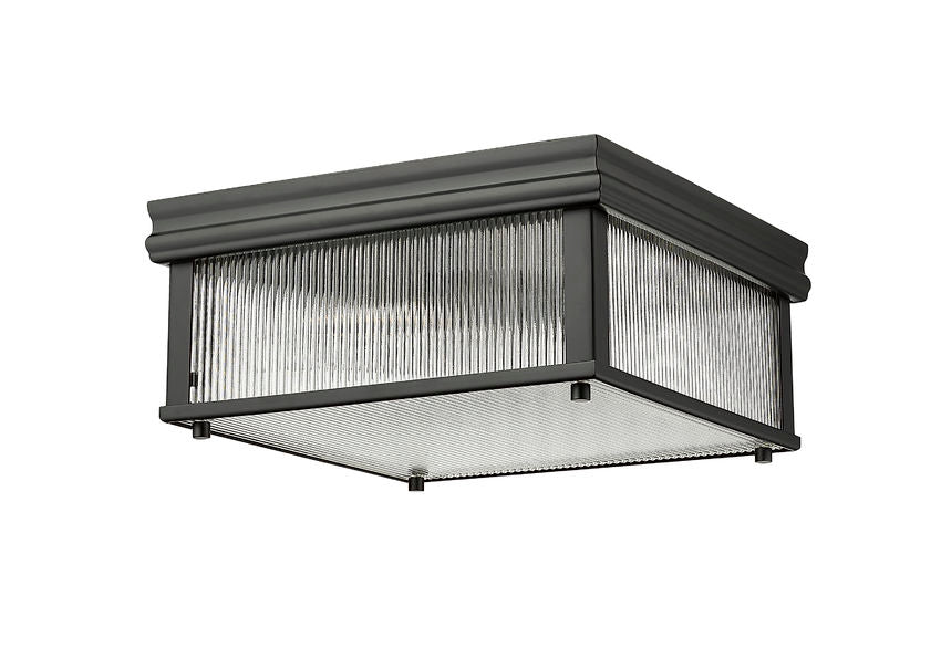 Z-Lite Carnaby 13" 2-Light Matte Black Steel and Clear Ribbed Glass Shade Squared Shape Flush Mount Lighting