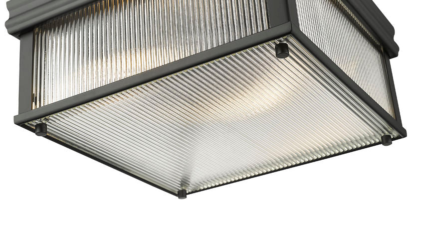 Z-Lite Carnaby 13" 2-Light Matte Black Steel and Clear Ribbed Glass Shade Squared Shape Flush Mount Lighting