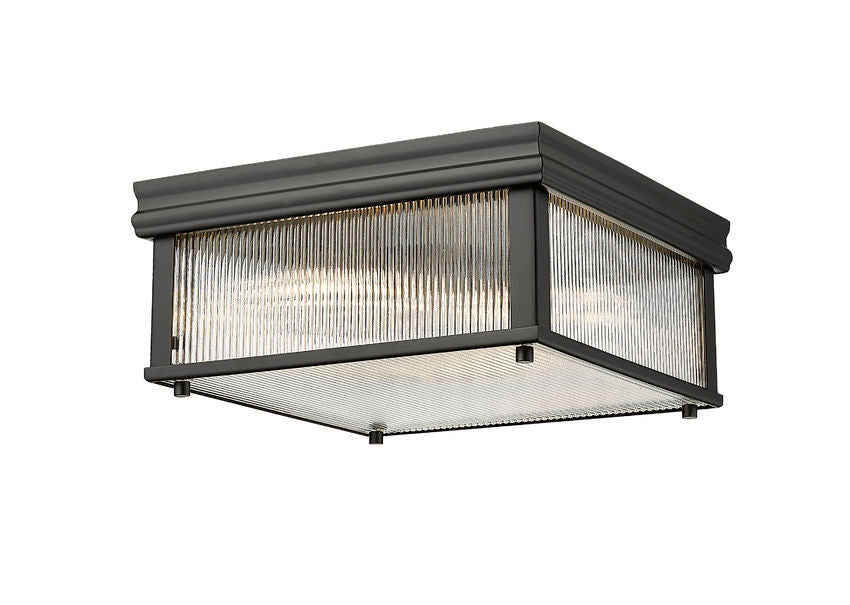 Z-Lite Carnaby 13" 2-Light Matte Black Steel and Clear Ribbed Glass Shade Squared Shape Flush Mount Lighting