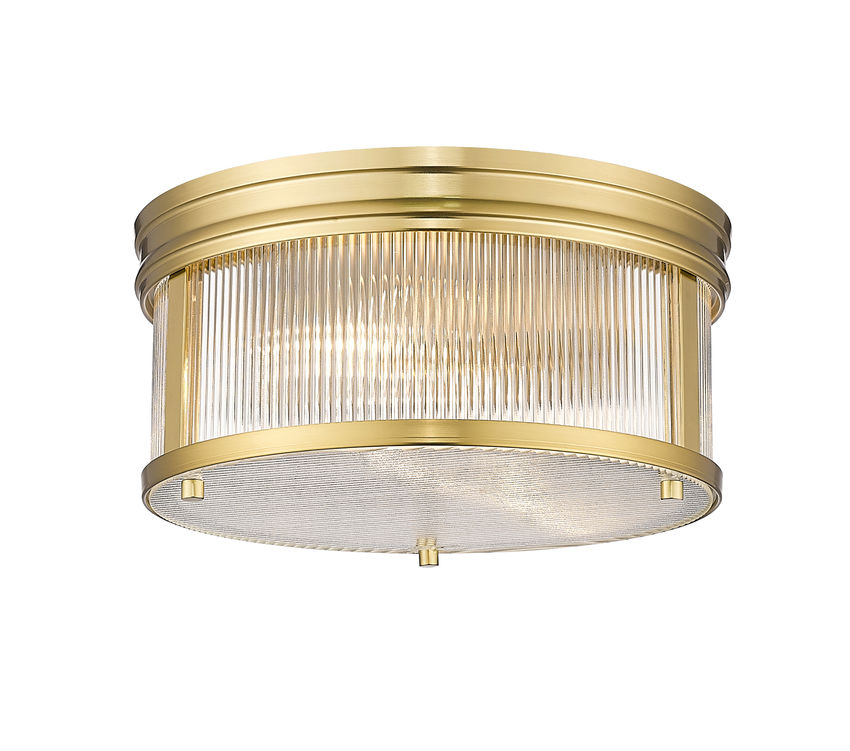 Z-Lite Carnaby 13" 2-Light Modern Gold Steel and Clear Ribbed Glass Shade Flush Mount Lighting